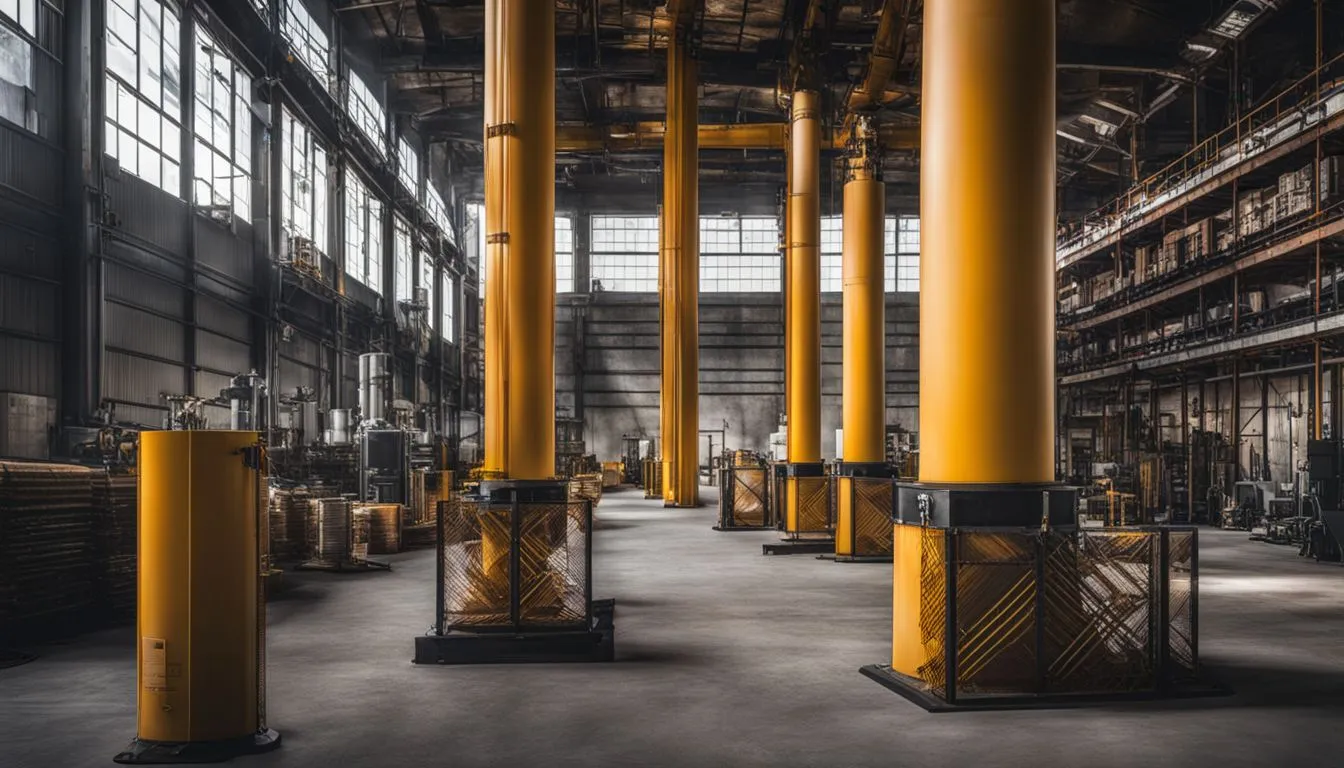 A spacious industrial factory interior featuring several massive yellow support columns protected by black mesh safety cages at their bases