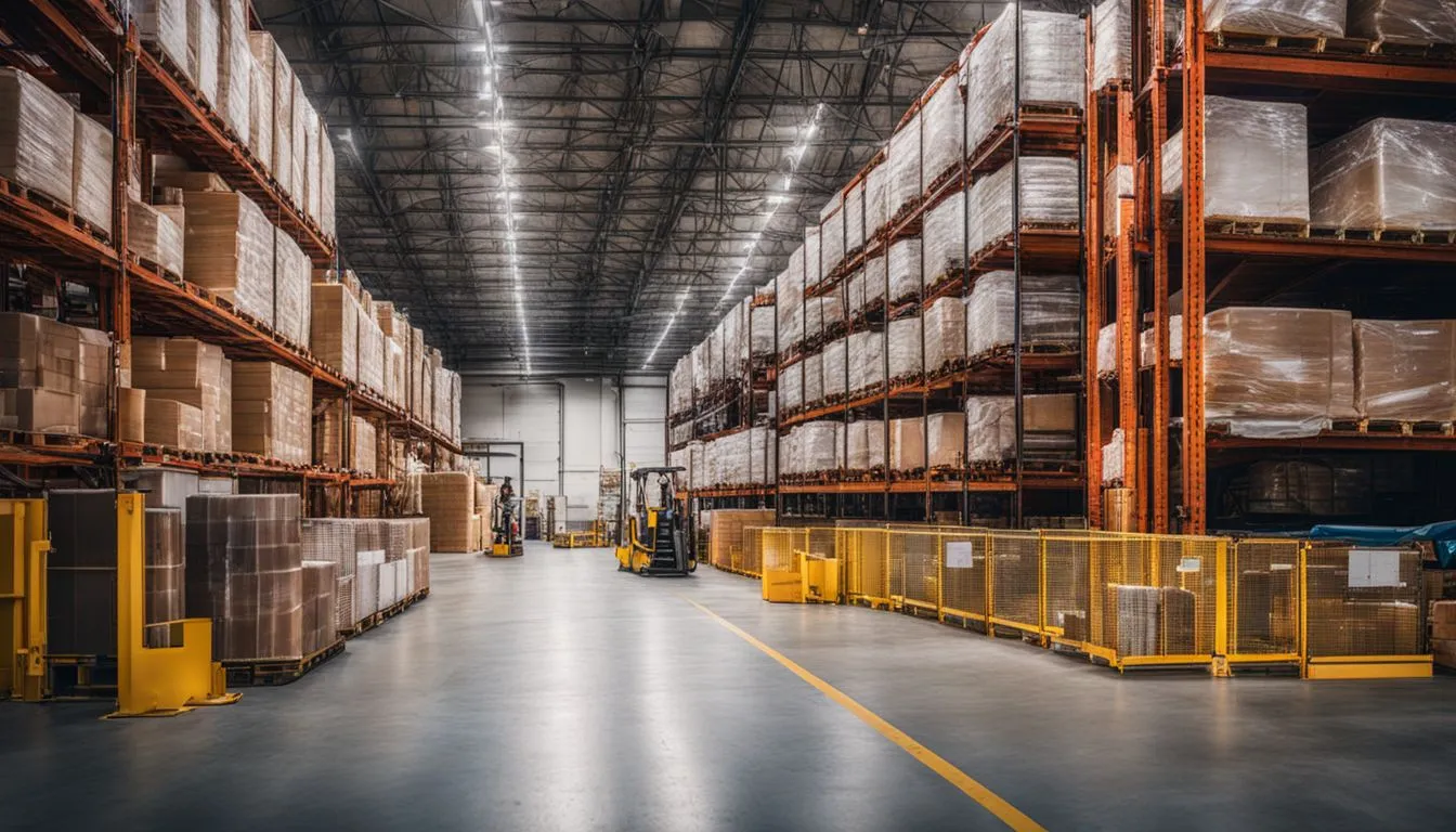 A bright, expansive warehouse interior featuring high-density storage racks filled with shrink-wrapped pallets