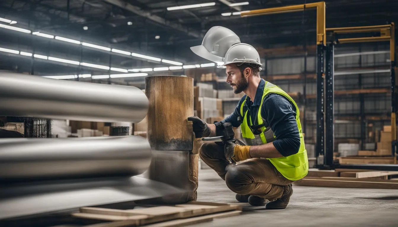 A warehouse worker in a white hard hat and high-visibility vest crouching to inspect a large industrial metal components in a manufacturing facility.