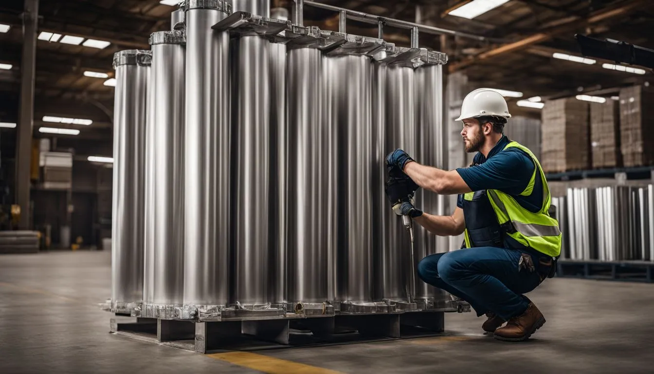 A warehouse worker in a white hard hat and high-visibility vest crouching to inspect a large bundle of polished cylindrical metal tubes