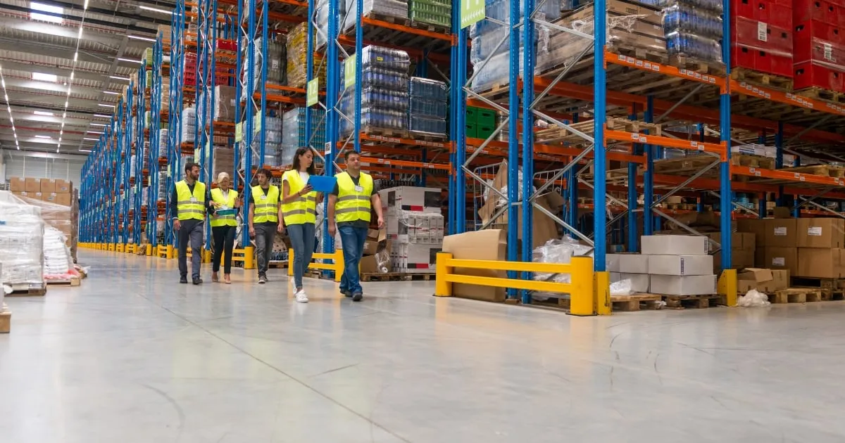 Warehouse staff in high-vis vests inspecting shelves