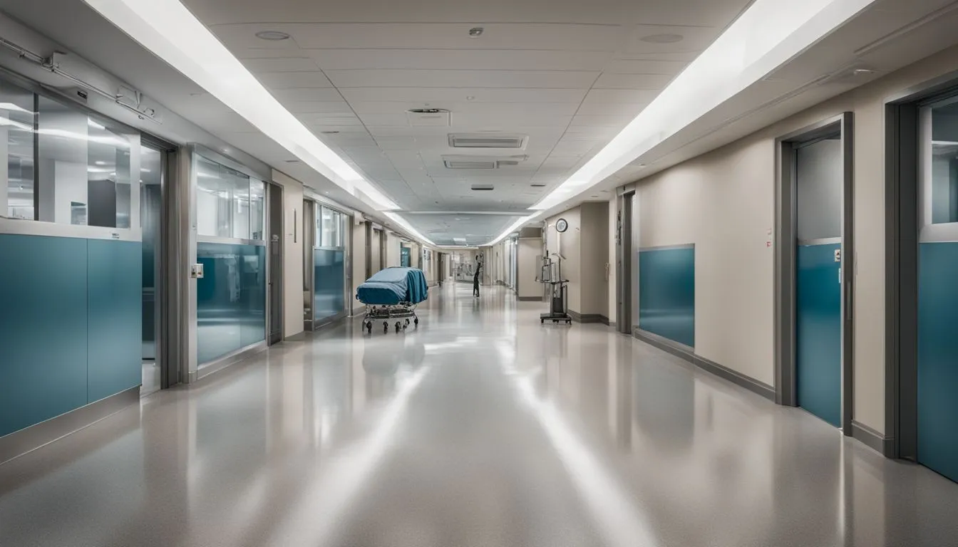 A long, sterile hospital corridor with polished grey floors