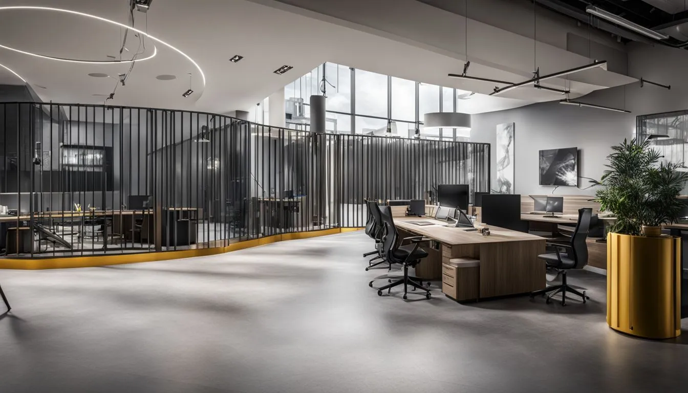 A modern, open-plan office featuring wooden desks with black ergonomic chairs