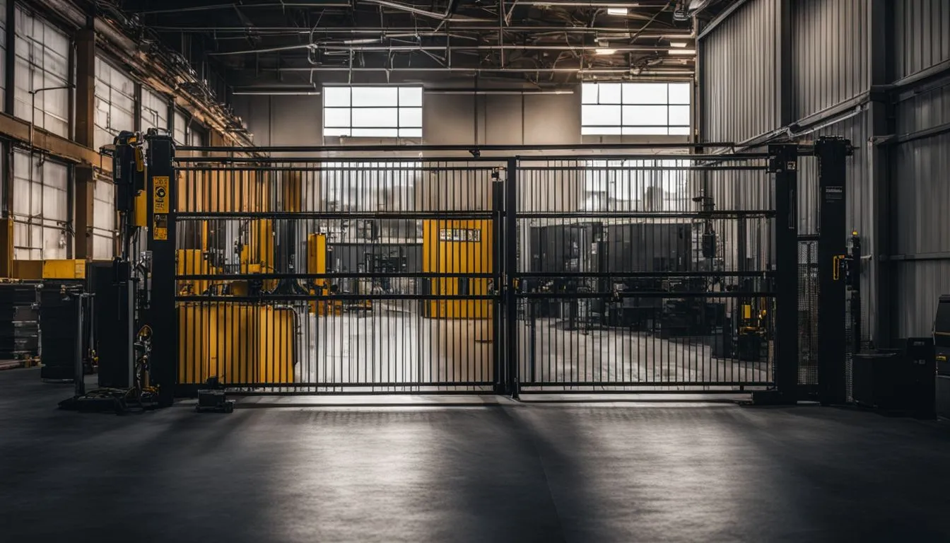 A large, black industrial security gate with vertical bars partitioned inside a dimly lit factory