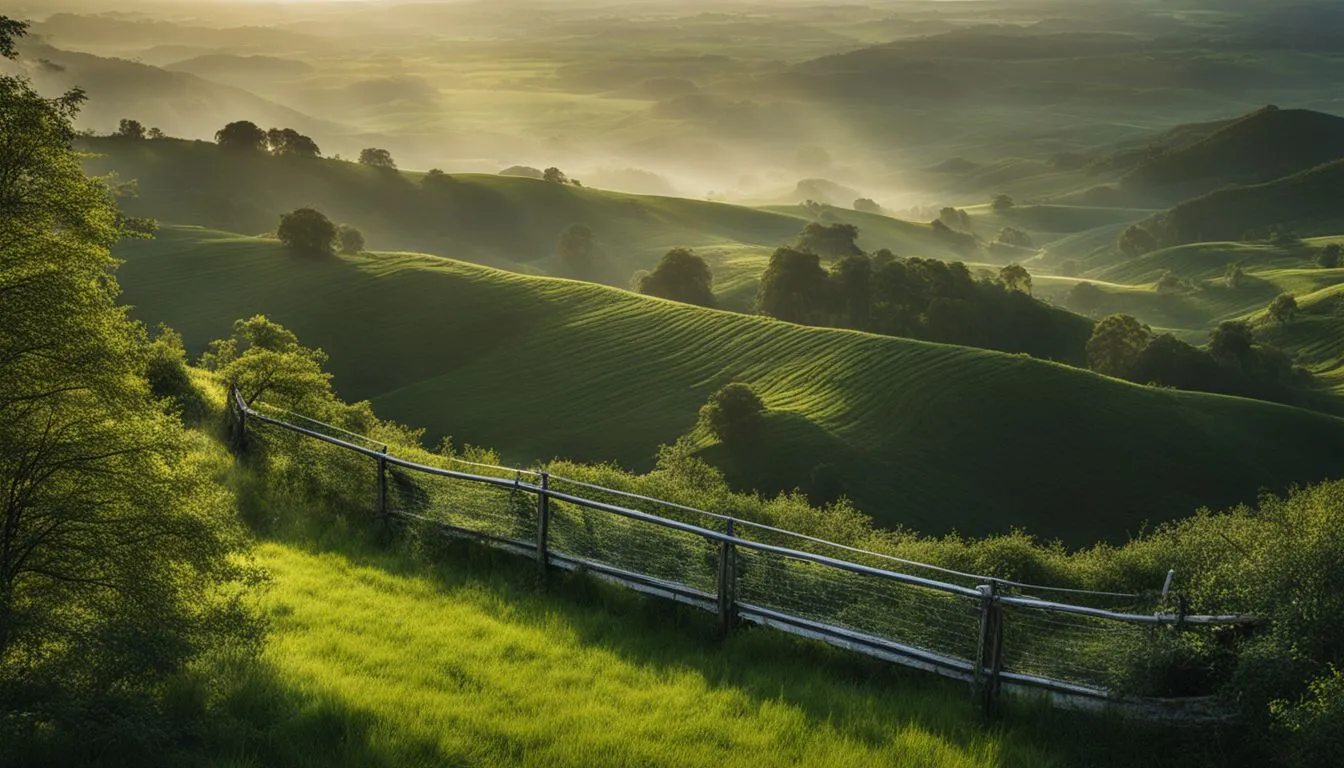 A scenic view of lush, rolling green hills at dawn, with a wooden fence in the foreground overlooking mist-filled valleys and scattered trees