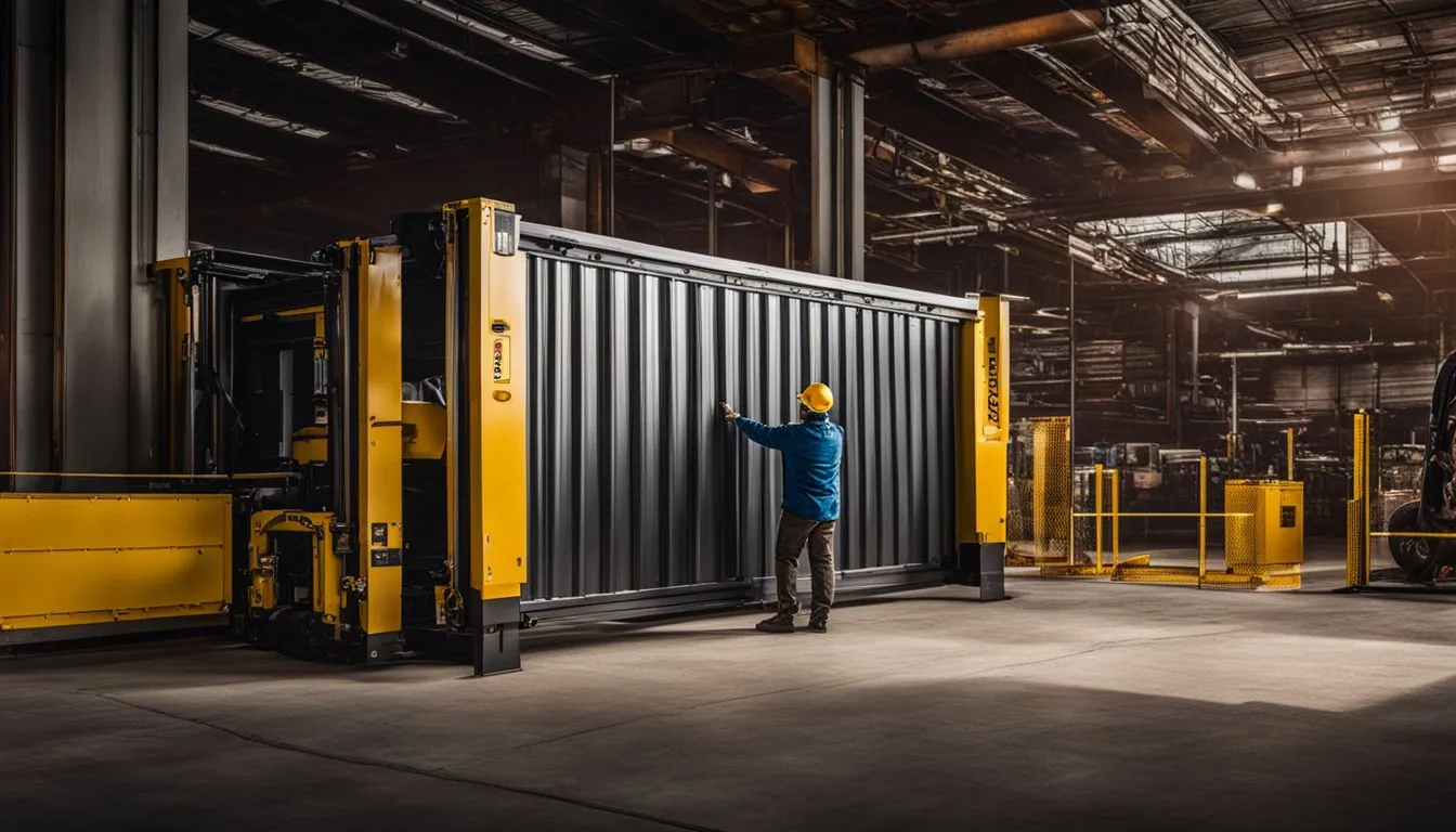 A worker in a yellow hard hat and blue shirt inspects a large, black corrugated security gate.