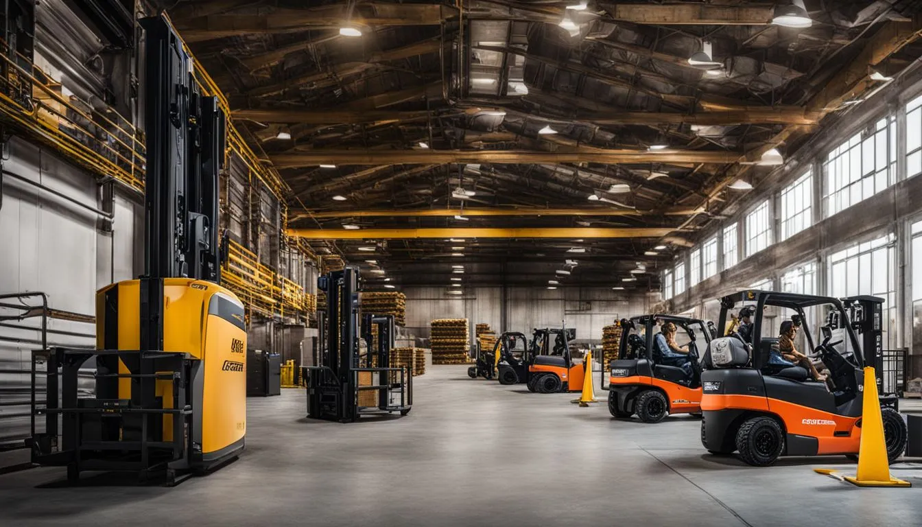 A wide shot of a spacious industrial warehouse featuring a variety of forklifts and reach trucks