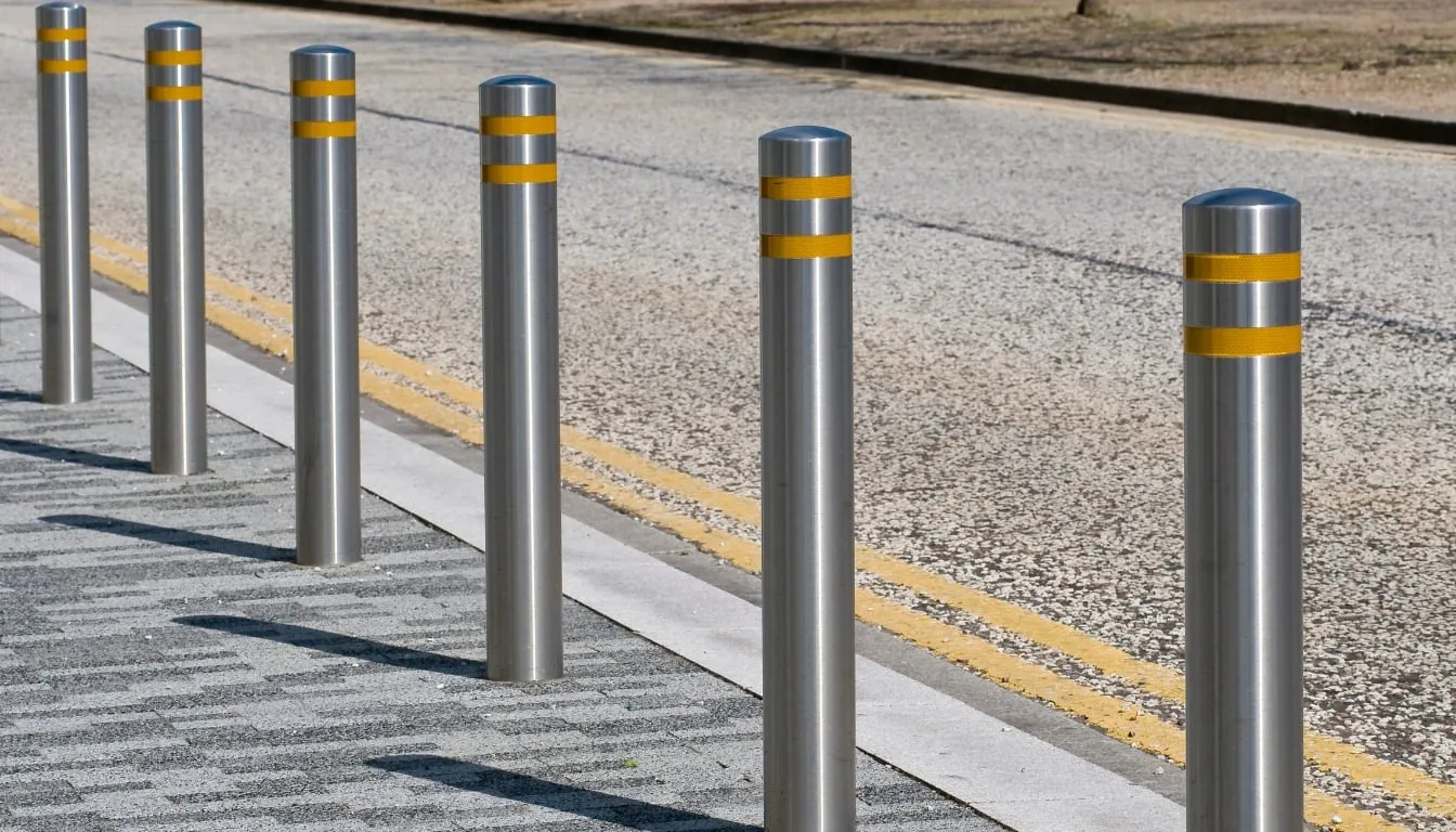 Stainless steel bollards lining urban footpath roadside