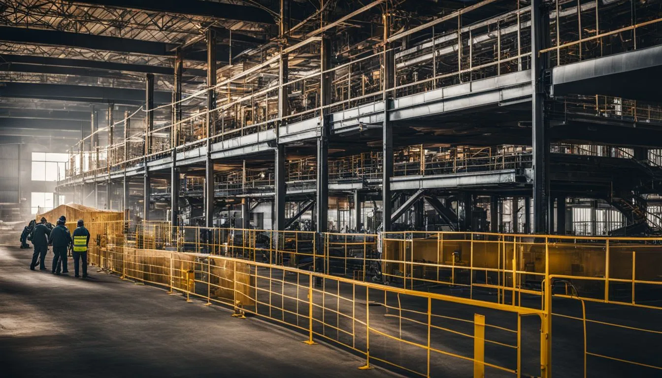 A group of workers in an industrial warehouse
