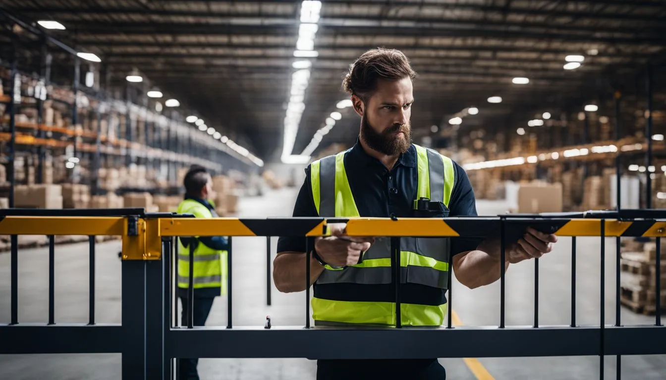 A bearded warehouse worker in a high-visibility safety vest stands behind a black and yellow striped security gate
