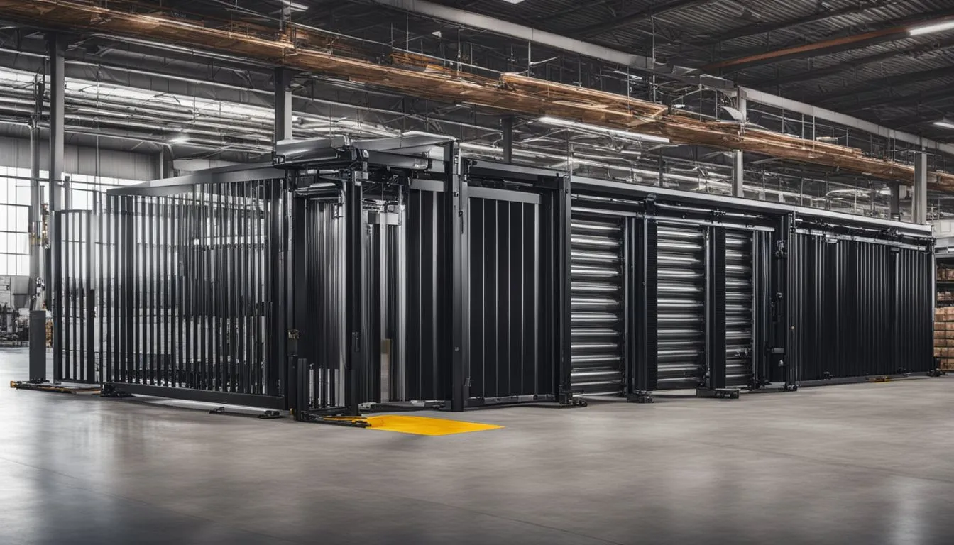 An extensive black industrial security gate system