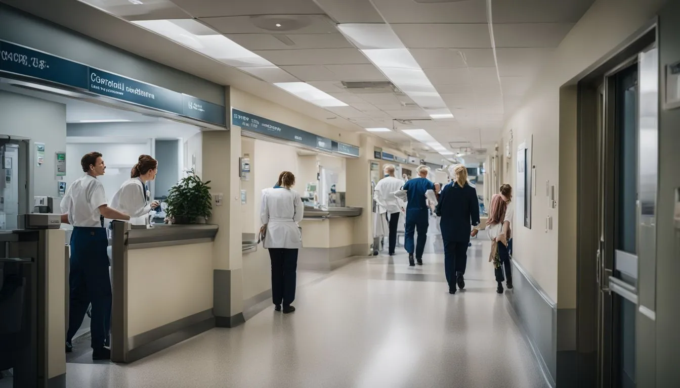 A busy hospital hallway with medical staff in scrubs and white coats walking and standing near a nurse's station under bright overhead lighting.