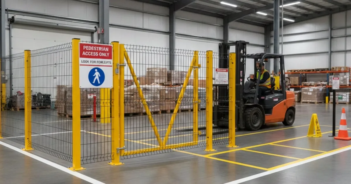 Warehouse forklift near pedestrian safety fence and sign