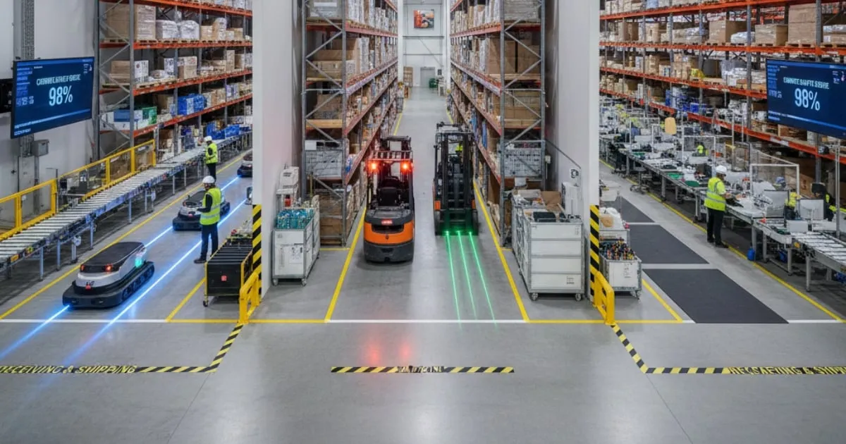 Automated warehouse with robots, forklifts and workers