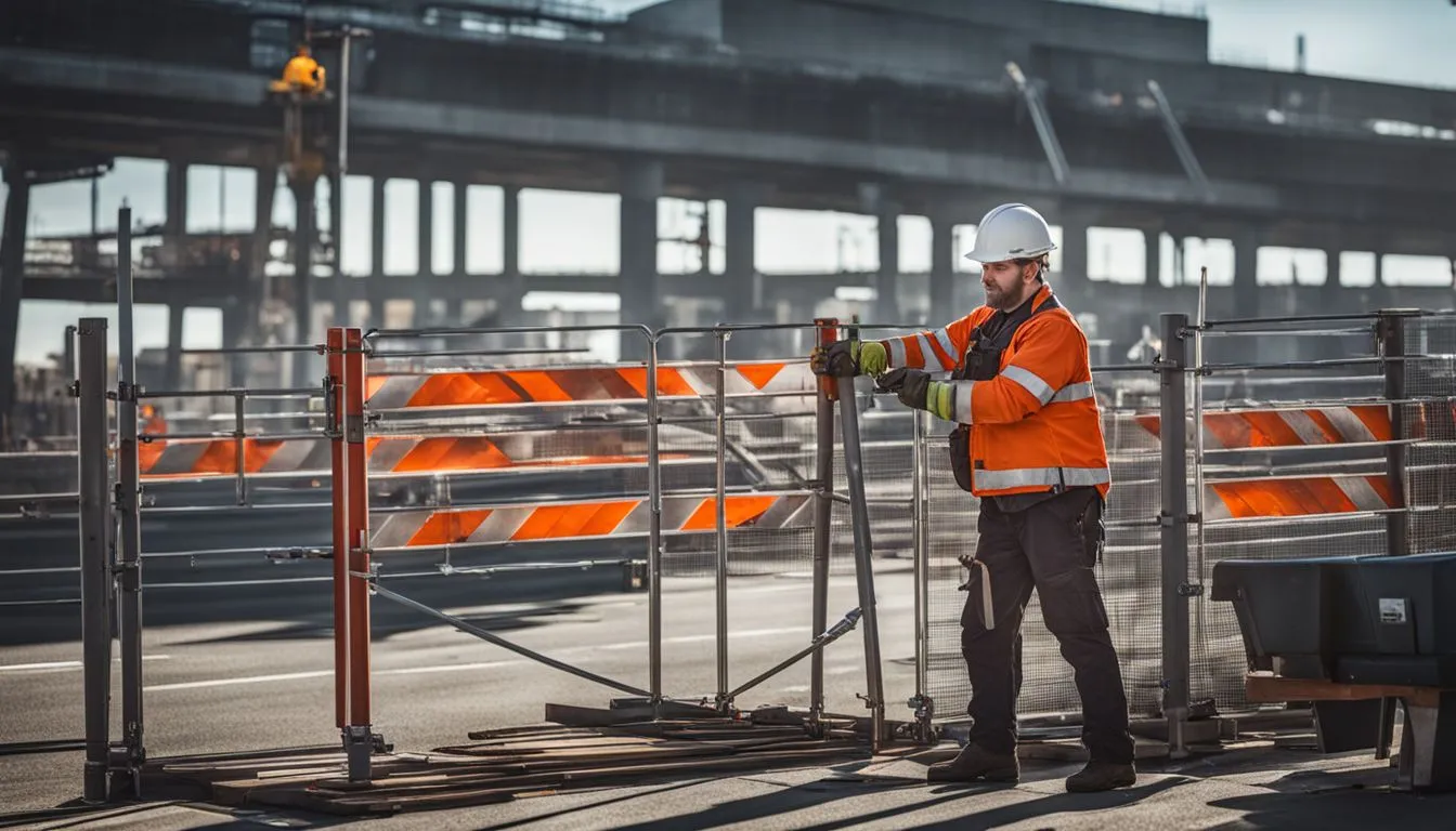 A road construction worker in a white hard hat and orange high-visibility jacket.