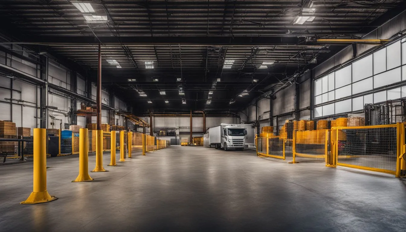 A wide interior view of a vast, high-ceilinged warehouse featuring a row of bright yellow safety bollards