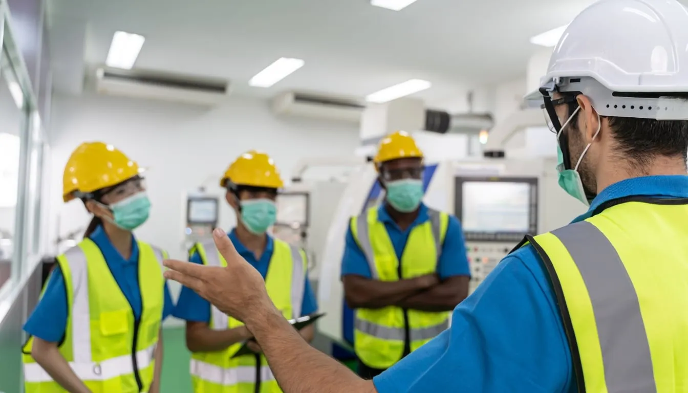 Factory supervisor briefing workers in safety gear