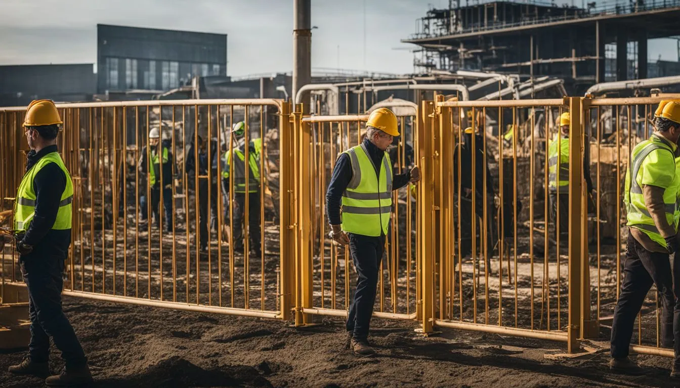 A group of construction workers in yellow hard hats and high-visibility vests stand