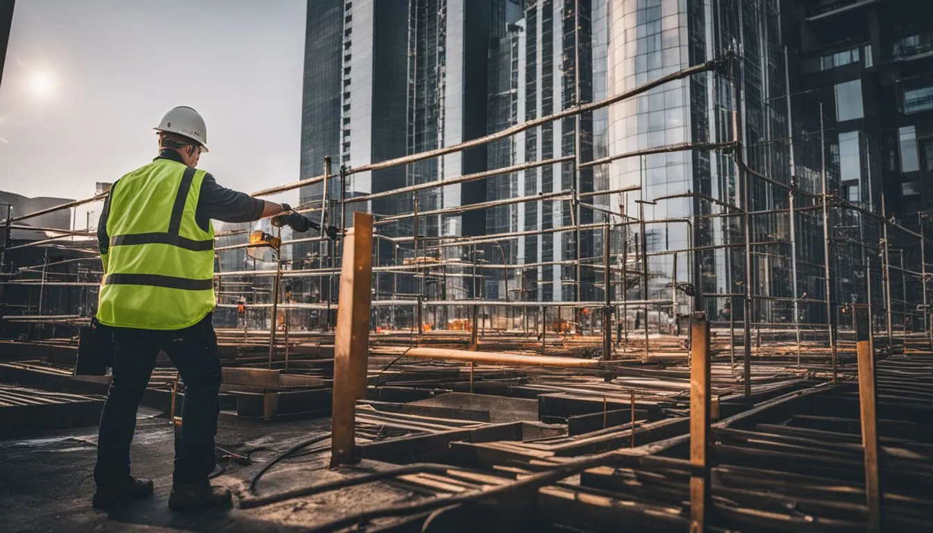 A construction worker in a white hard hat and yellow high-visibility vest stands on a rooftop job site