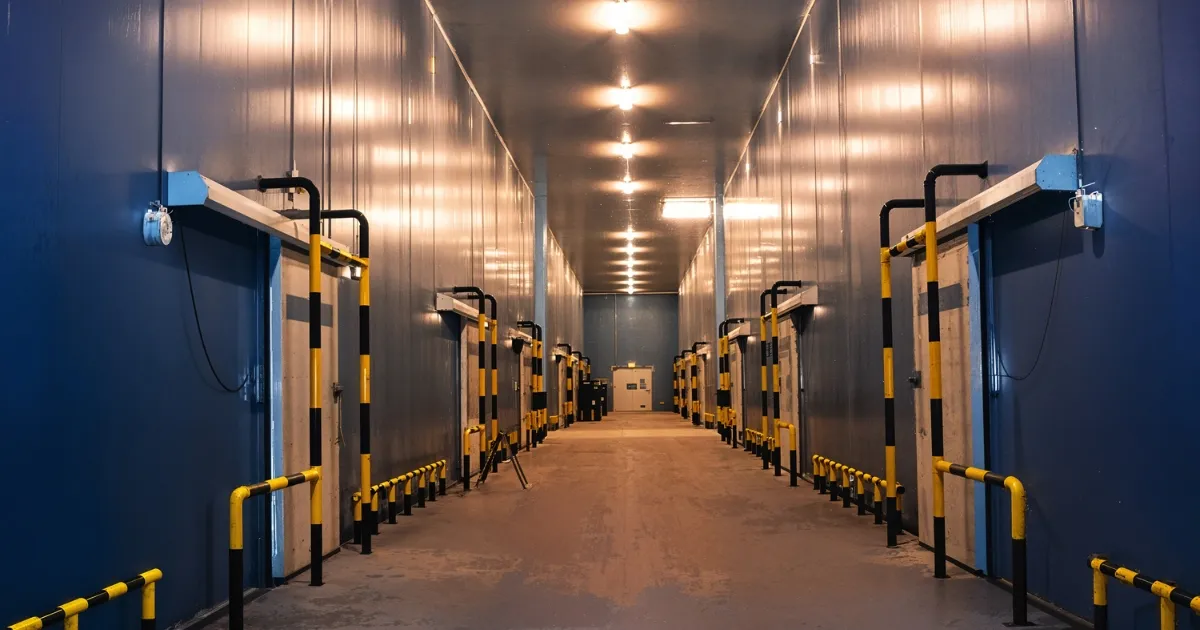 Industrial cold storage corridor with safety rails