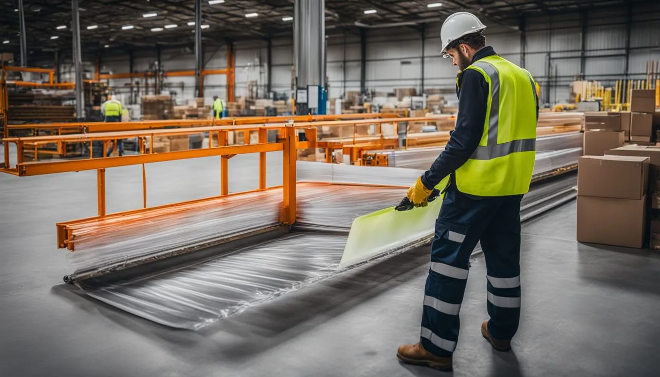 A warehouse worker in a white hard hat and high-visibility vest operating a large industrial shrink-wrap machine