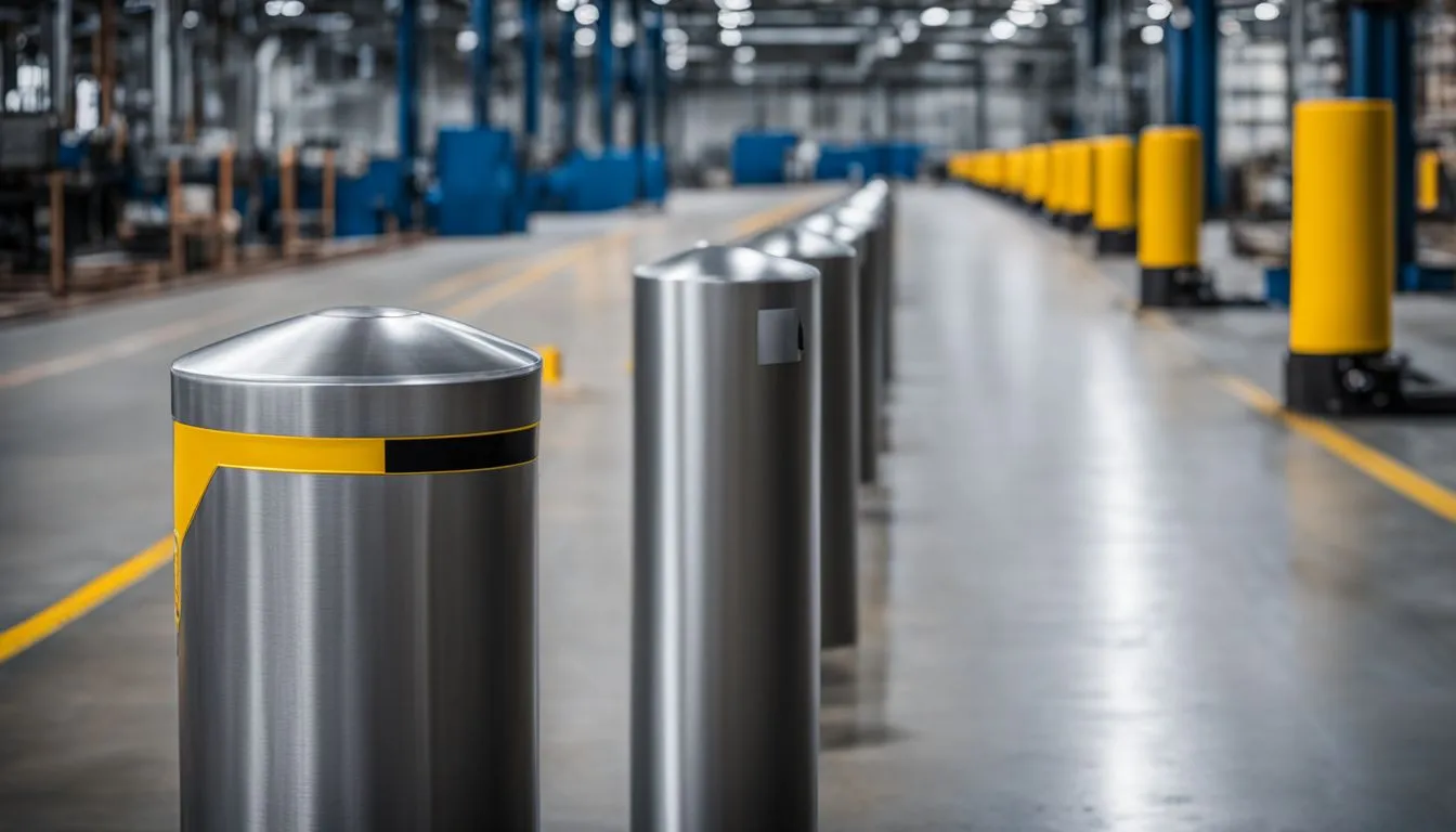A close-up view of polished stainless steel safety bollards lined up on a warehouse floor