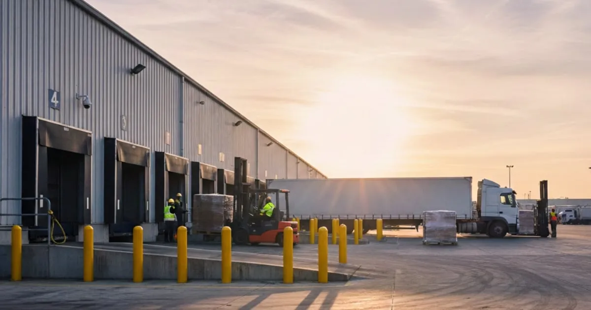 Warehouse loading dock with forklift and truck at sunset