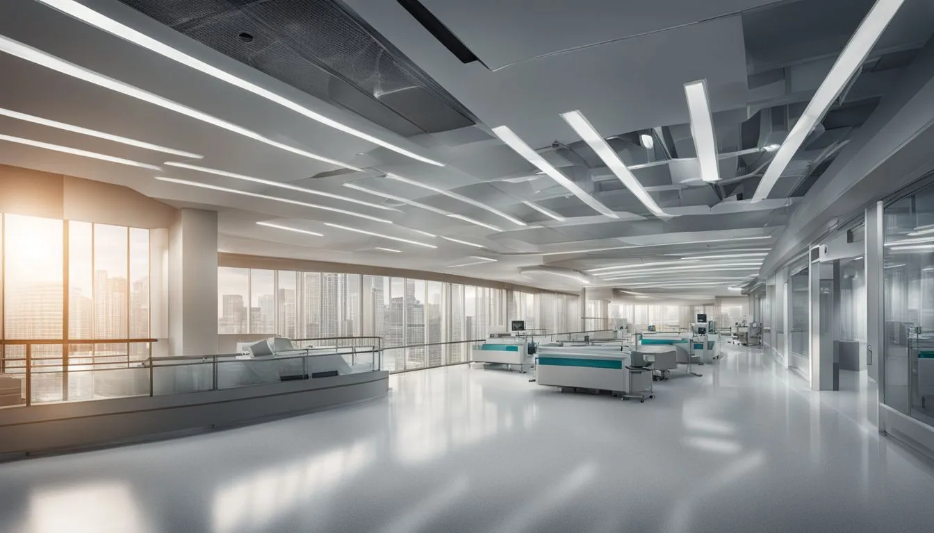 A sleek, futuristic medical laboratory or clinic featuring high-tech workstations