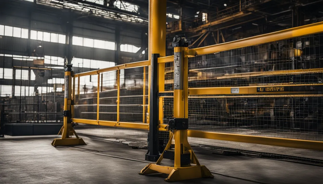 A heavy-duty yellow industrial safety fence with wire mesh panels