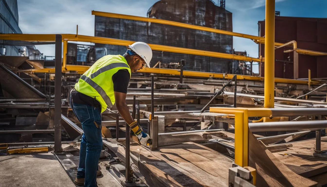 A construction worker in a white hard hat and yellow safety vest leans over to secure a metal component at an industrial site.