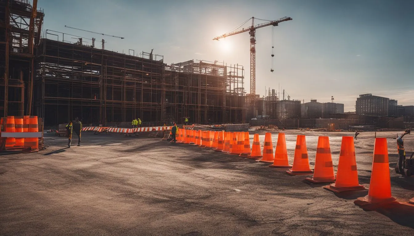 A wide-angle view of a large urban construction site at sunset