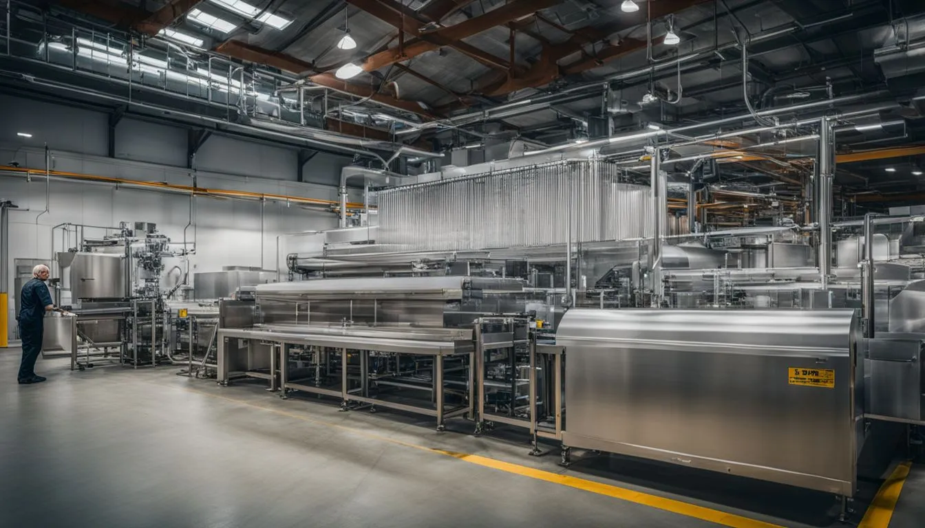 A wide shot of a modern, clean industrial food processing facility