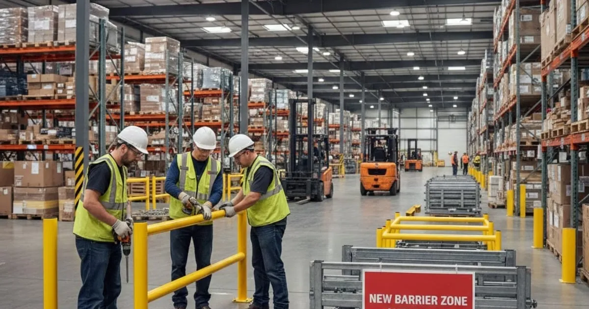 Workers installing safety barriers in large warehouse