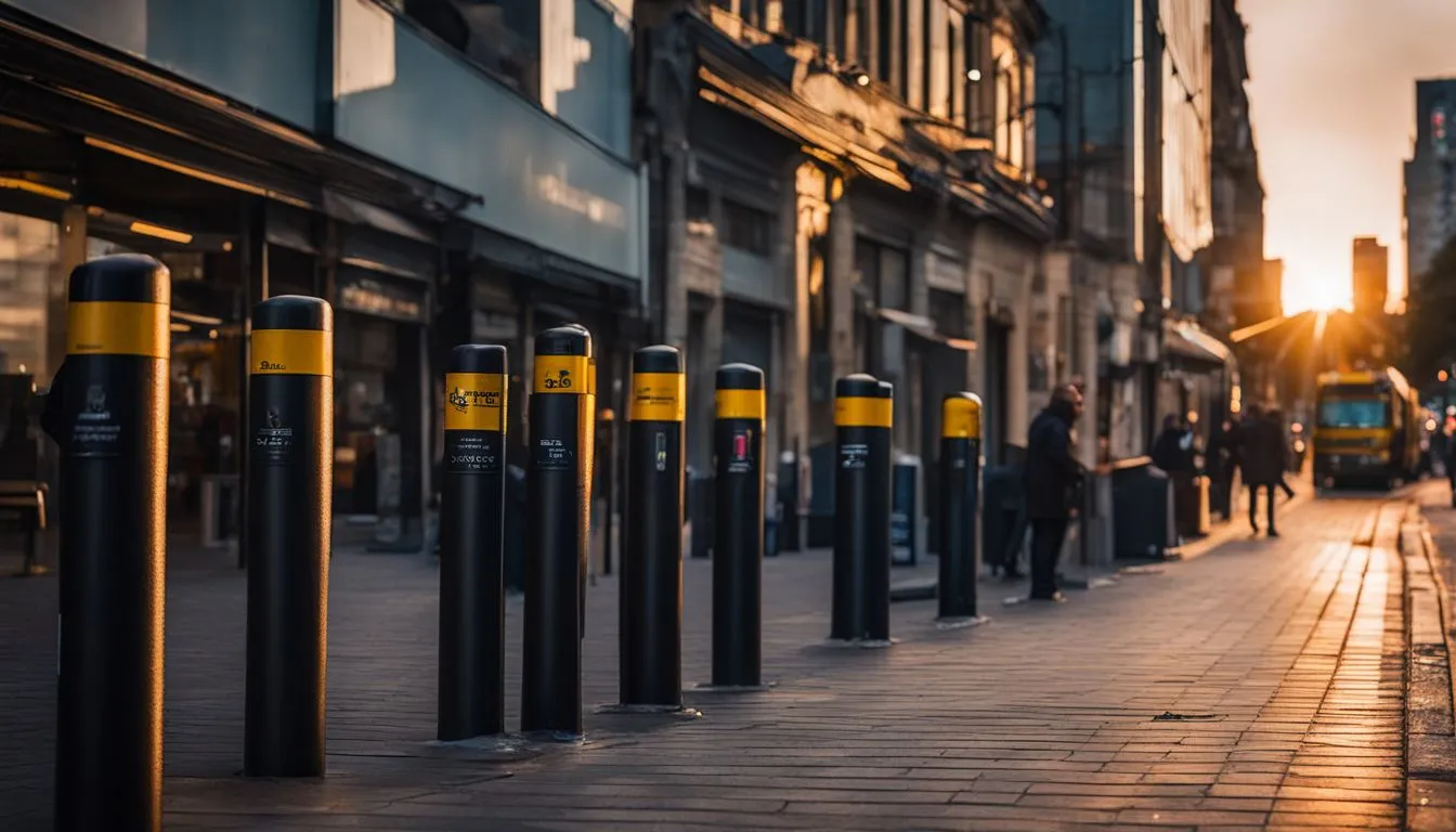 A line of black security bollards with yellow reflective tops stands along a city sidewalk
