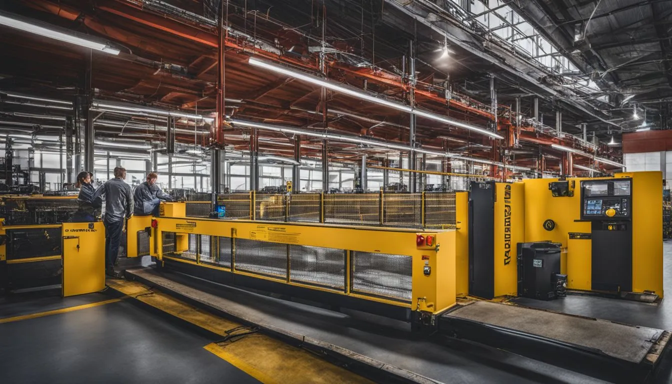 A wide view of a modern industrial facility where workers stand near a large piece of yellow machinery protected by integrated safety railings and mesh panels.