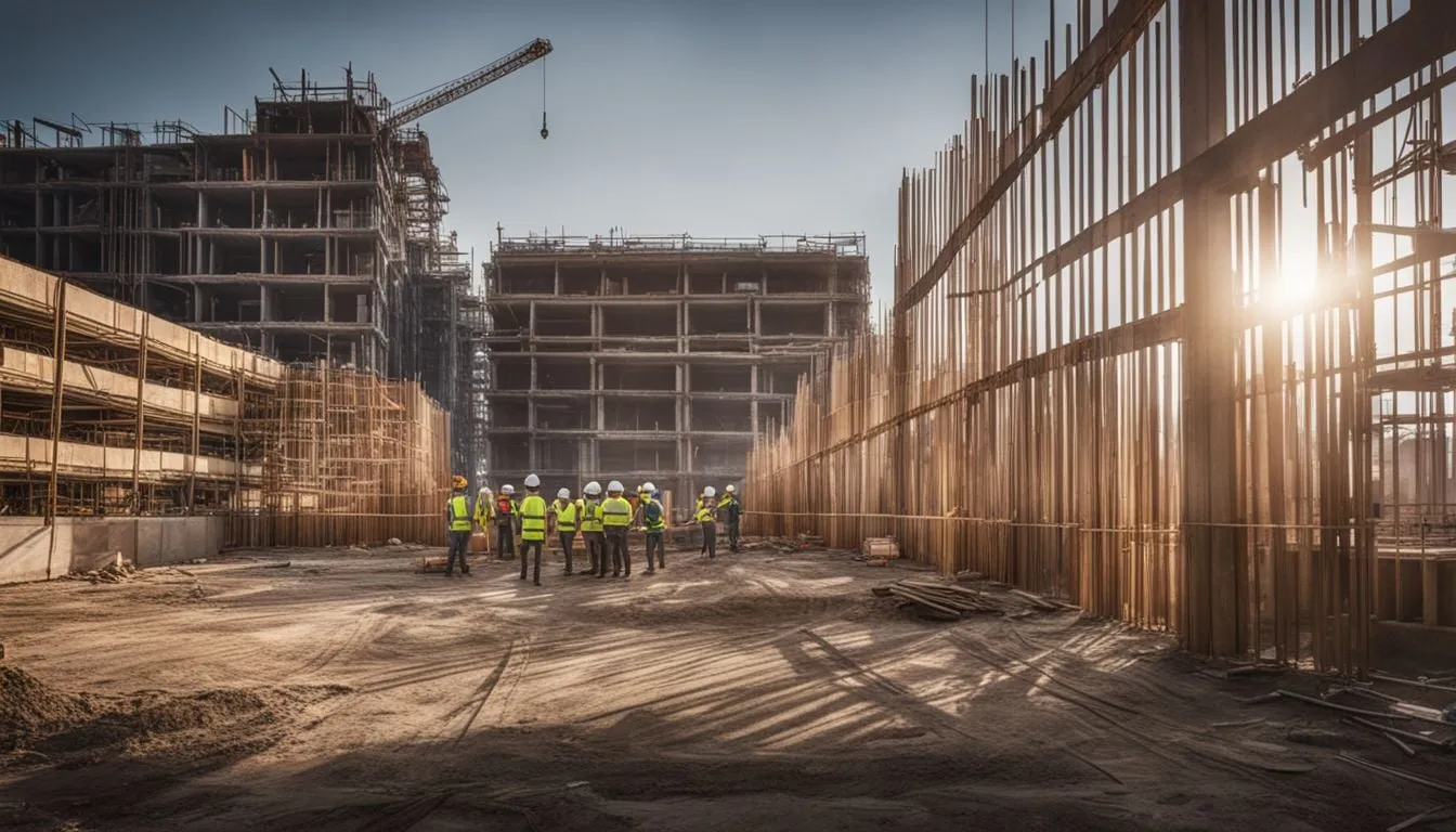 A group of construction workers in safety vests and hard hats gathered on a dusty ground at a large construction site