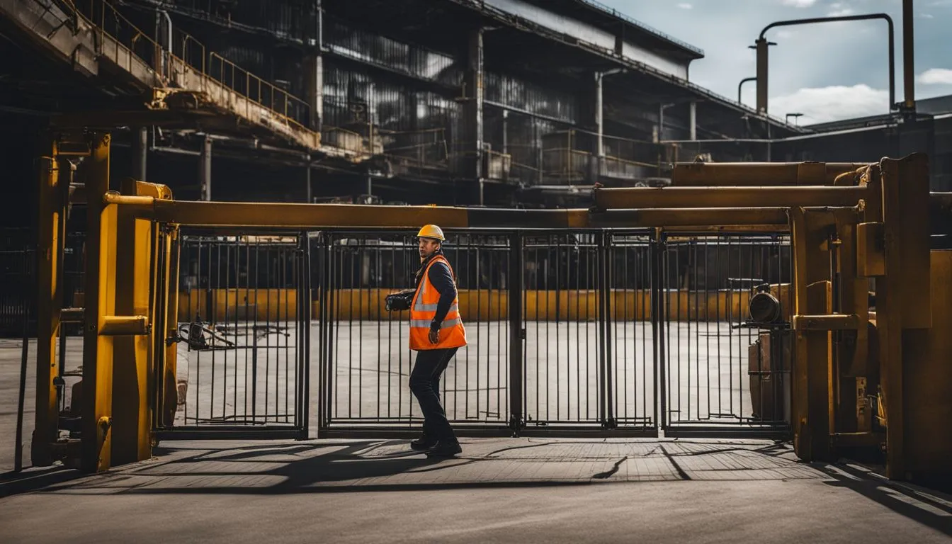 An industrial worker wearing a yellow hard hat and an orange high-visibility vest