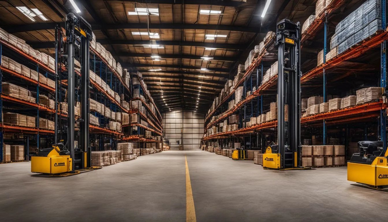 A wide-angle view of a large, organised warehouse with high ceilings