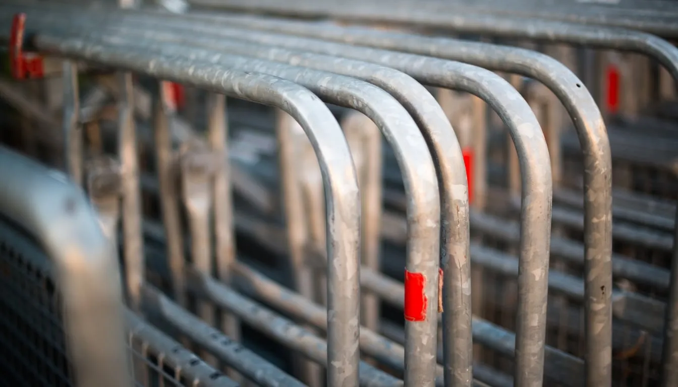 Metal crowd control barriers with red reflective tape