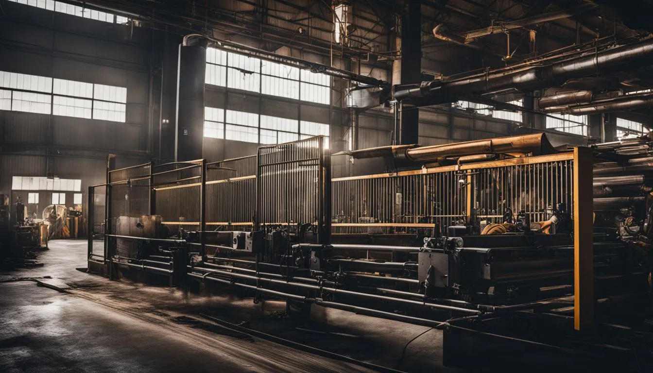 A wide-angle view of a dimly lit, large-scale industrial factory floor featuring heavy manufacturing machinery