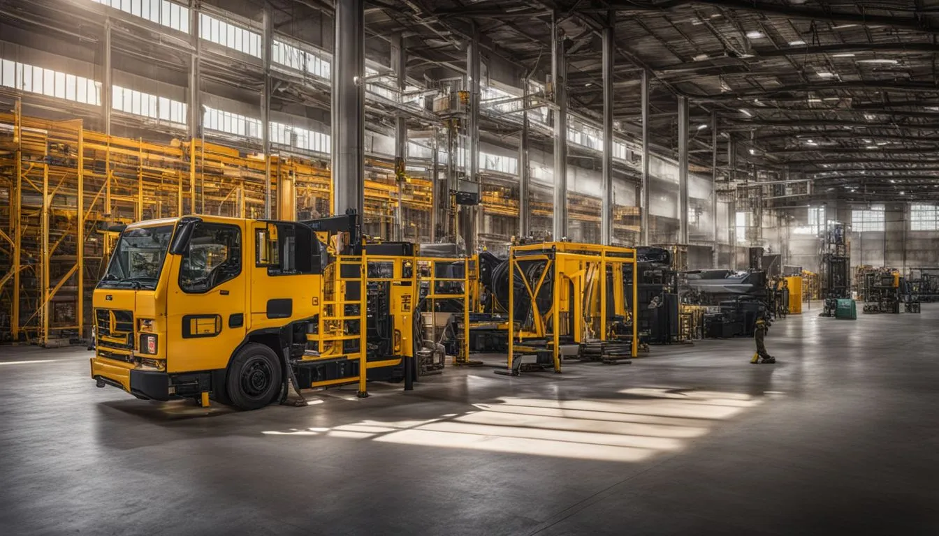 A wide interior view of a bright industrial facility featuring a yellow logistics truck cab in the foreground.
