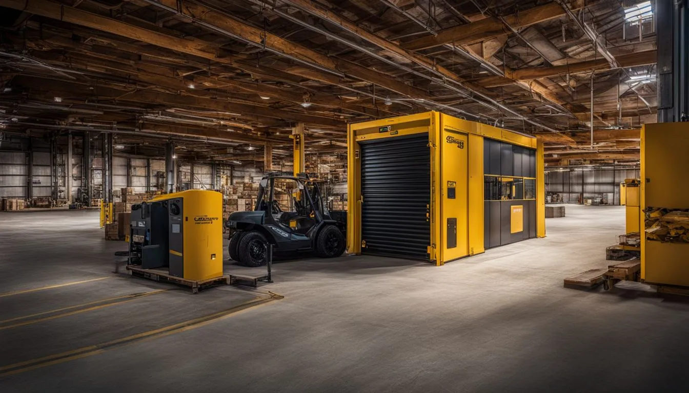 A wide interior view of a high-ceilinged industrial warehouse featuring a yellow modular workspace