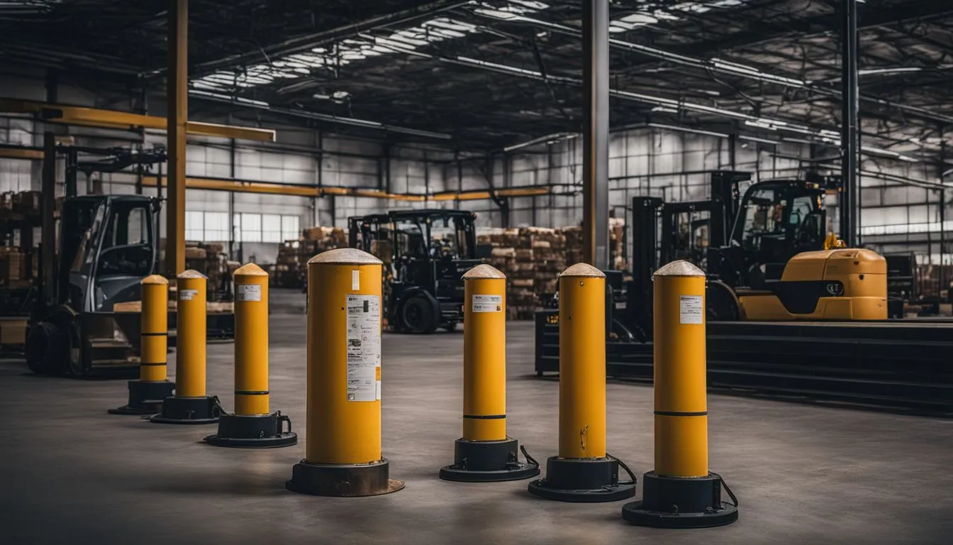 A line of bright yellow industrial safety bollards with black bases positioned in the foreground of a large warehouse
