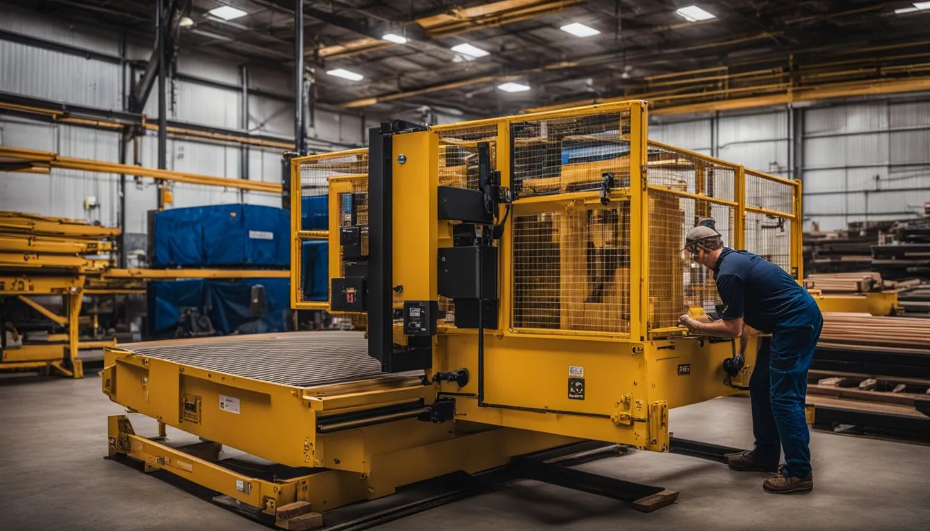 A worker in blue overalls operates a large piece of yellow industrial machinery.