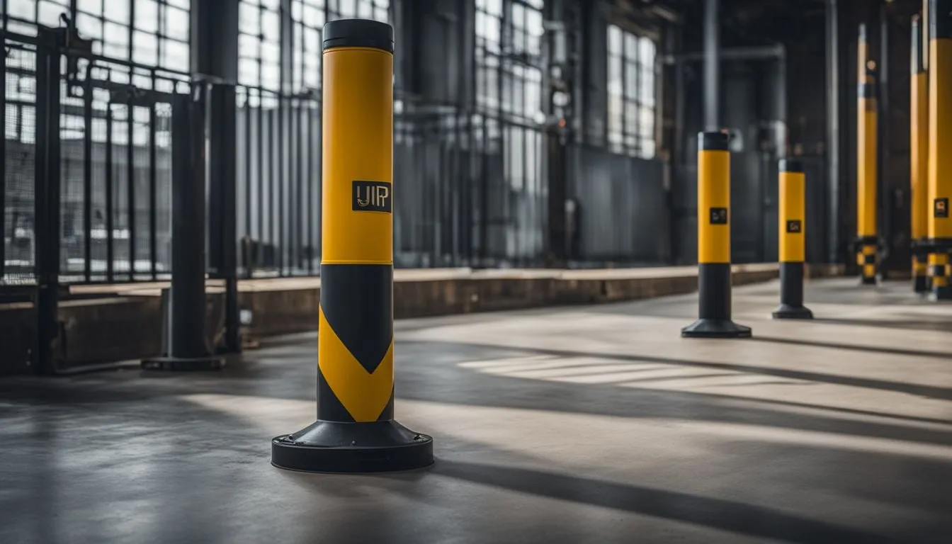 A row of yellow and black industrial safety bollards standing on a smooth warehouse floor