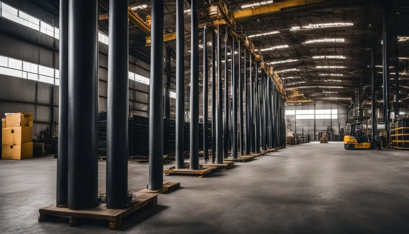 A wide-angle view of a large warehouse interior featuring a long row of tall black industrial pipes standing vertically on wooden pallets