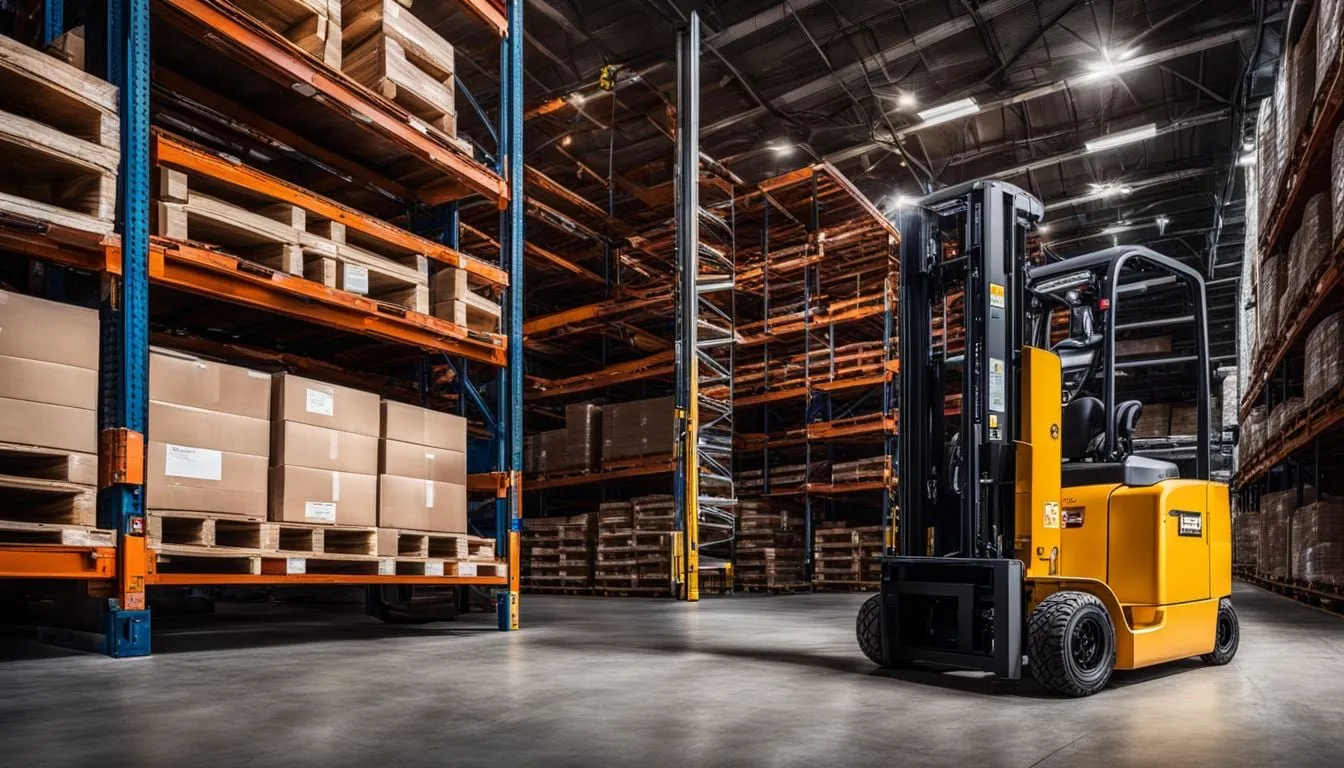 A yellow electric reach truck is parked in a spacious warehouse aisle