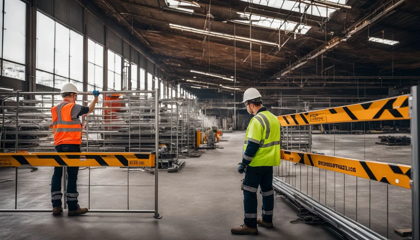 Two workers in hard hats and high-visibility vests stand in a large warehouse