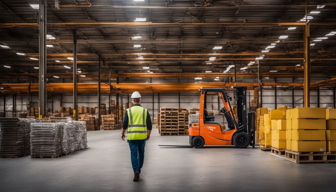 A worker in a white hard hat and yellow safety vest walks through a vast warehouse toward an orange forklift