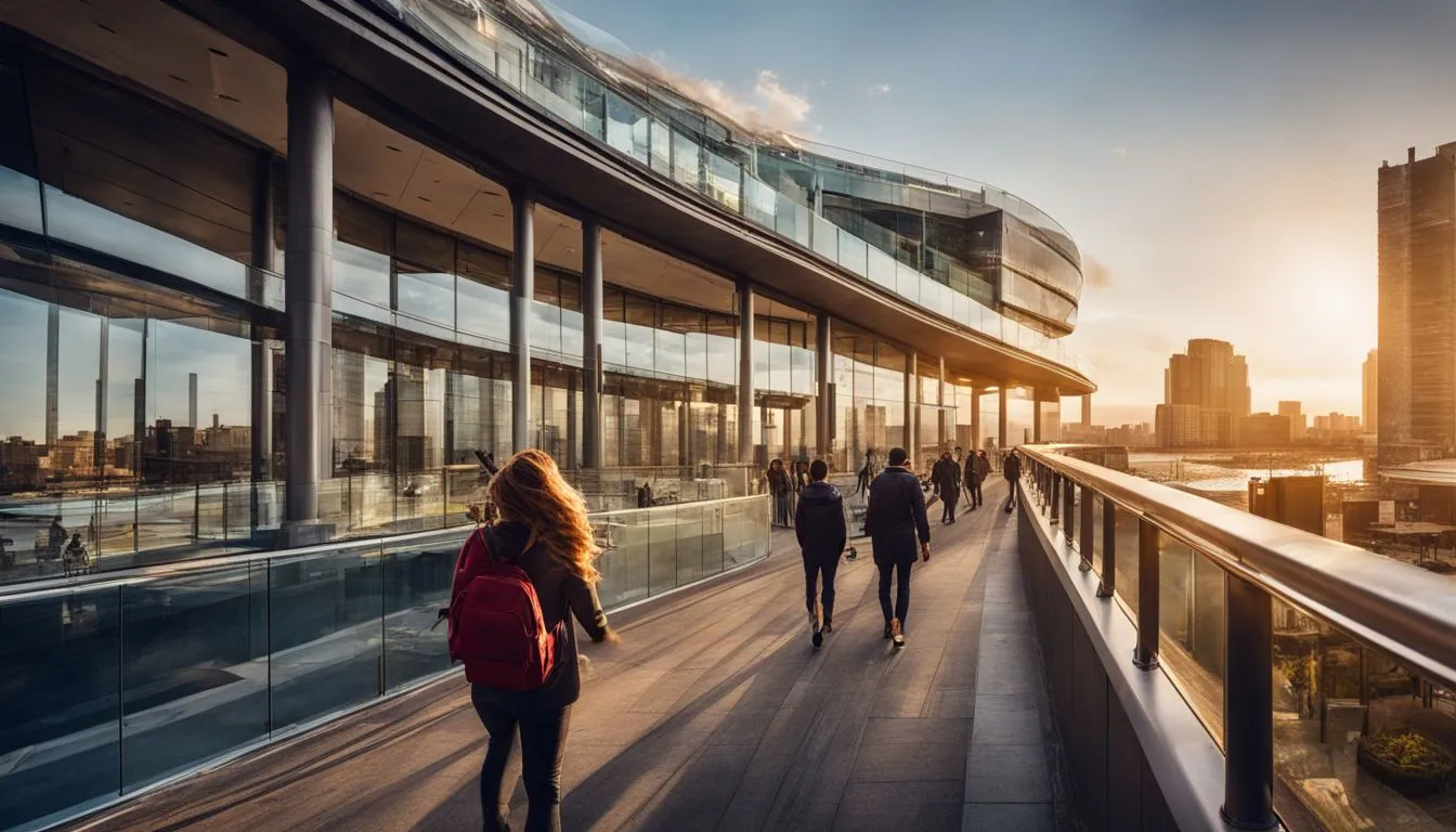 A golden hour view of pedestrians walking along a modern elevated glass walkway with metal handrails